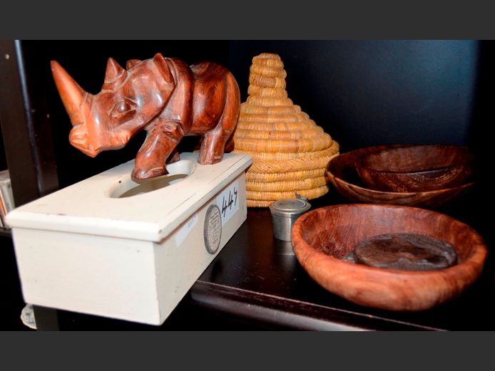 WOODEN BOWLS, CARVED RHINO, TISSUE BOX, etc