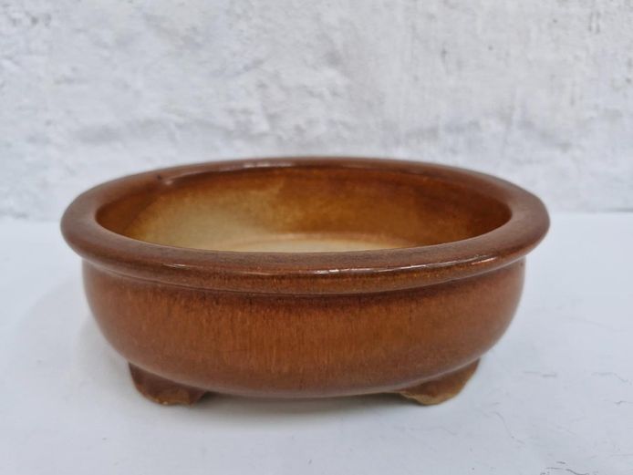 Oval Earthy Brown Glazed Ceramic Bonsai Pot with Drainage Hole & Cloud Feet