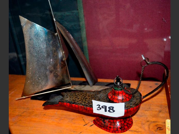 "ALADDIN'S" BRASS & MOSAIC LAMP & A METAL BOAT SCULPTURE
