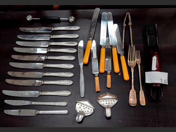 LOT: SILVER PLATE & STAINLESS STEEL CUTLERY, NUT CRACKER, etc