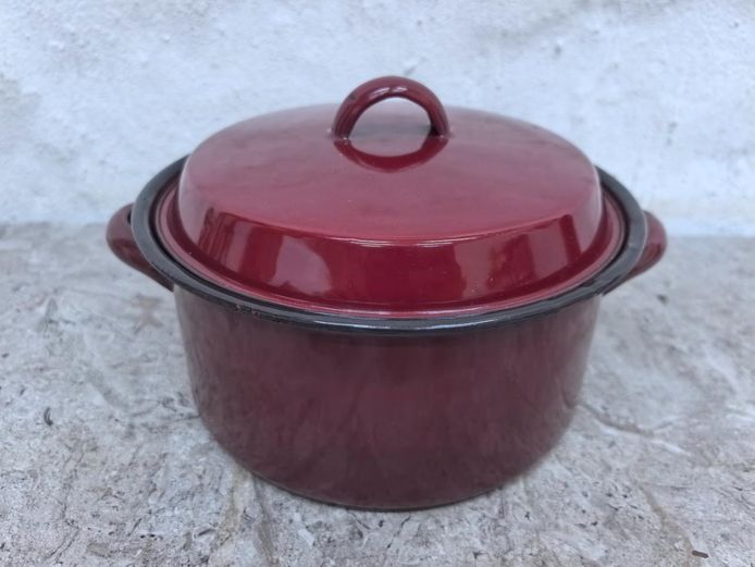 Vintage Burgundy Enamel Casserole Pot with Lid