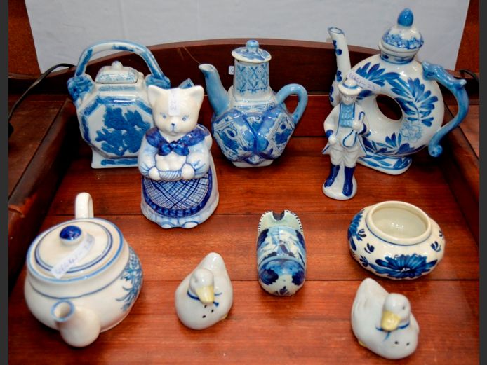 DELFT BLUE & WHITE BOWL, DUCK ORNAMENTS, ORIENTAL BLUE & WHITE TEAPOTS, etc