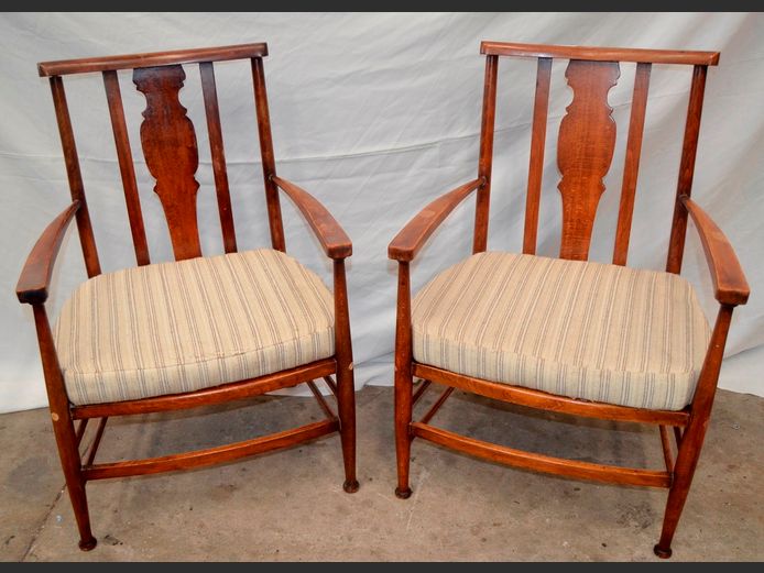 PAIR EDWARDIAN MAHOGANY ARMCHAIRS WITH RATTAN SEATS & CUSHIONS
