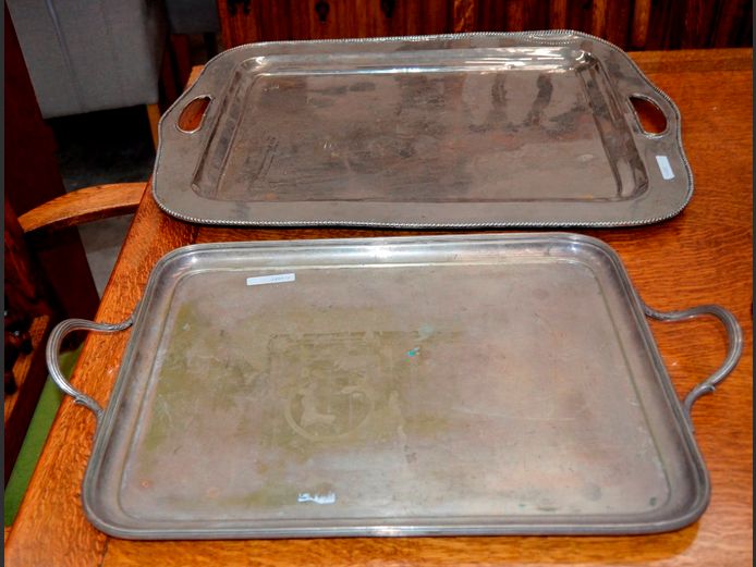LOT OF 2: SILVER PLATE TRAYS, 63 x 48cm & 45 x 34cm