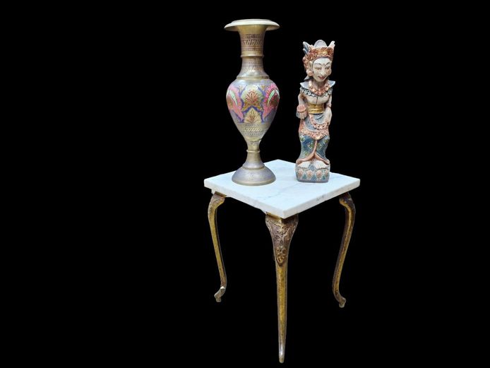 Vintage Brass & Marble Side Table, Brass Vase & Carved Wood Figure