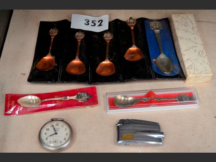WESTCLOCK ZOBO FOB WATCH, VINTAGE LIGHTER & COLLECTABLE SPOONS