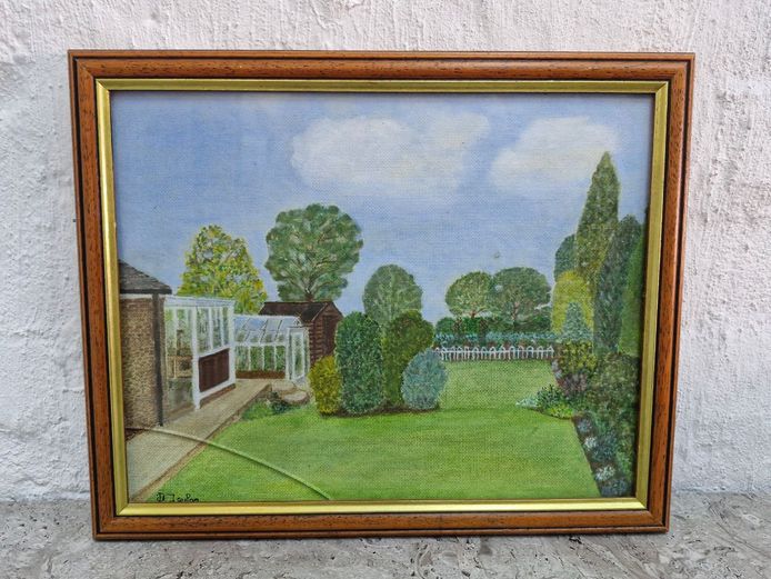 Original Framed Landscape Painting - Garden & Conservatory Scene - Signed