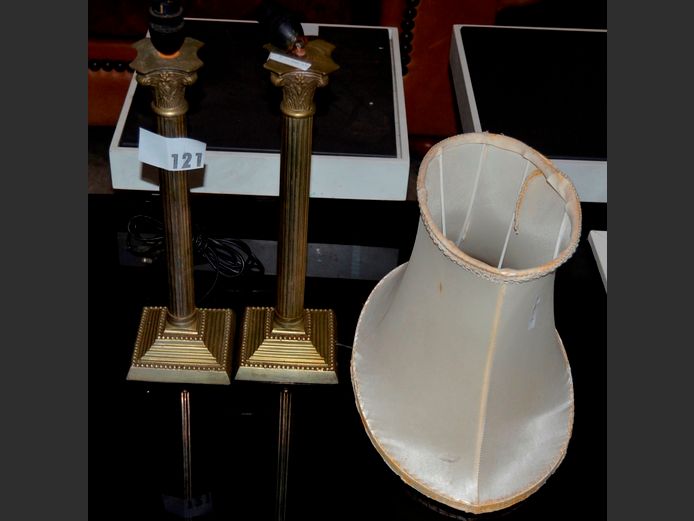 PAIR BRASS LAMPS & 1 SHADE, 43cm High [Needs TLC]