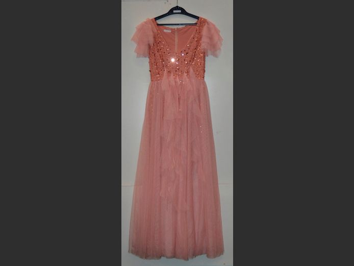 PINK TULLE & SEQUINED EVENING GOWN [Sticky to inner bosom due to stick on breasts being used]