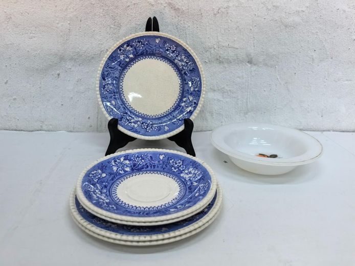 Vintage Blue Transferware Saucers Lot with Milk Glass Bowl