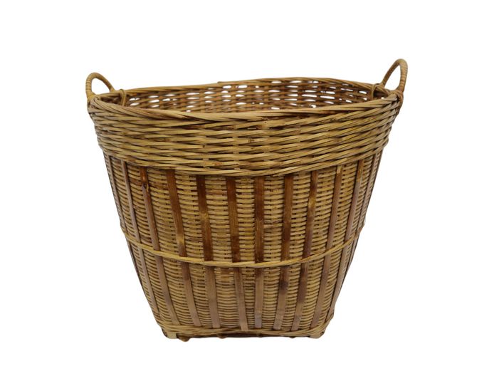 Vintage Hand-Woven Bamboo Basket with Loop Handles