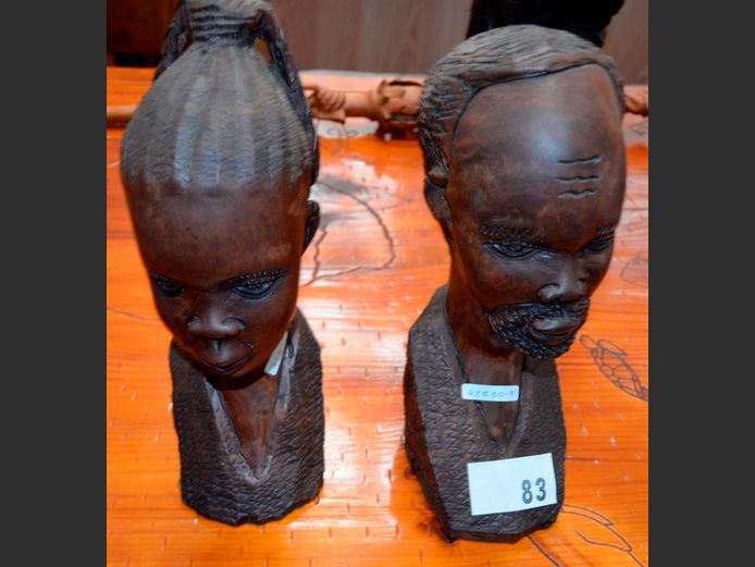 PAIR CARVED AFRICAN BUSTS OF A MAN & A WOMAN, 33cm High & 34cm High