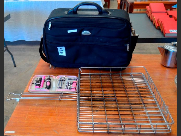 LOT: BMW LAPTOP BAG , ANNIQUE TOOL SET IN CASE & A STAINLESS STEEL BRAAI GRID, 43cm x 33cm [1,5,7]