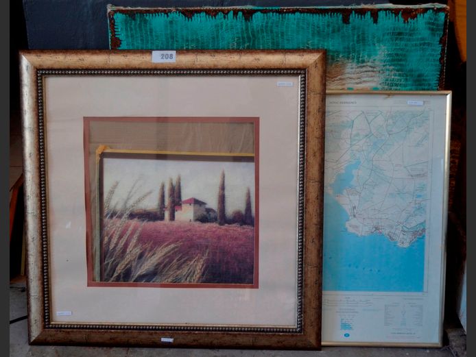 UNFRAMED ABSTRACT, FRAMED ATLANTIC OCEAN MAP, etc