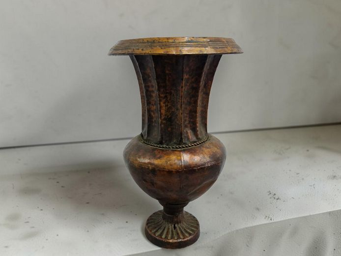 Vintage Fluted Copper-Finished Metal Urn