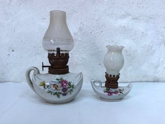 Pair of Vintage Miniature Floral Porcelain Chamber Oil Lamps