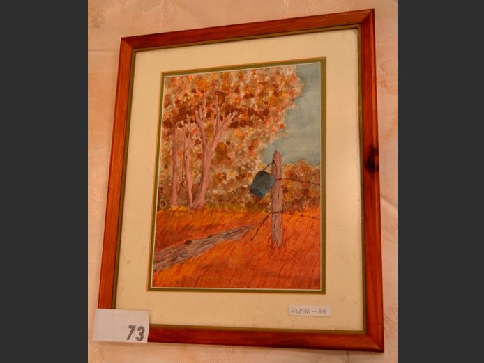 FRAMED WATERCOLOUR "BUCKET ON FENCE", 27 x 19.5cm