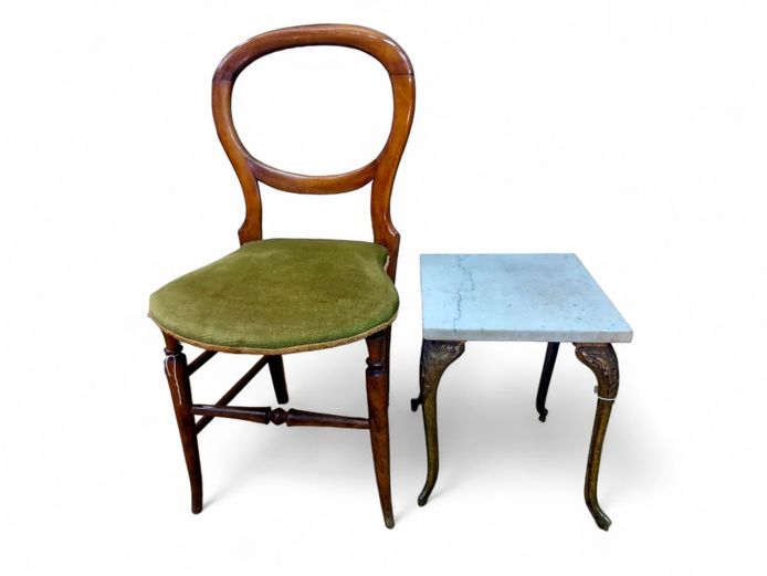 Victorian Baloon Back Chair & Marble with Brass Side Table