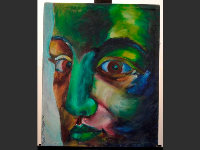 UNFRAMED OIL ON CANVAS "ABSTRACT PORTRAIT" SIGNED ANGIE THEUNISSEN, 49.2 x 60.5cm