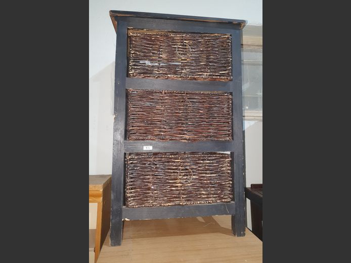 STAINED PINE 3 WICKER DRAWER BEDSIDE PEDESTAL, 44 x 34 x 72cm