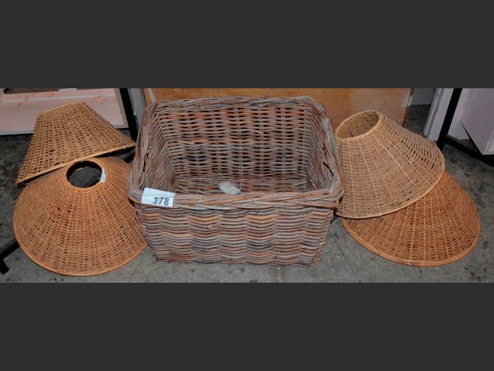 LARGE WOVEN BASKET & 4 x SEAGRASS LAMP SHADES