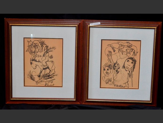 PAIR FRAMED PEN & INK BIBLICAL SCENES SIGNED F. CLAERHOUT, 21.5 x 17cm, & A FRANS CLAERHOUT BOOK