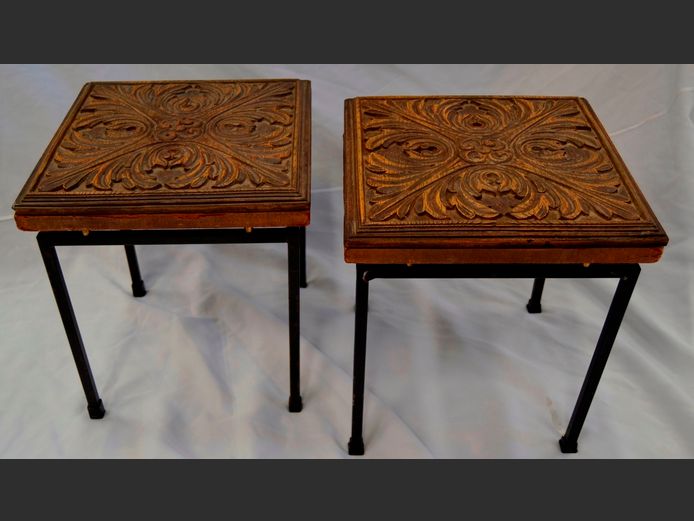 PAIR CARVED SIDE TABLES ON METAL BASES, 30 x 30 x 34cm [Edging worn]