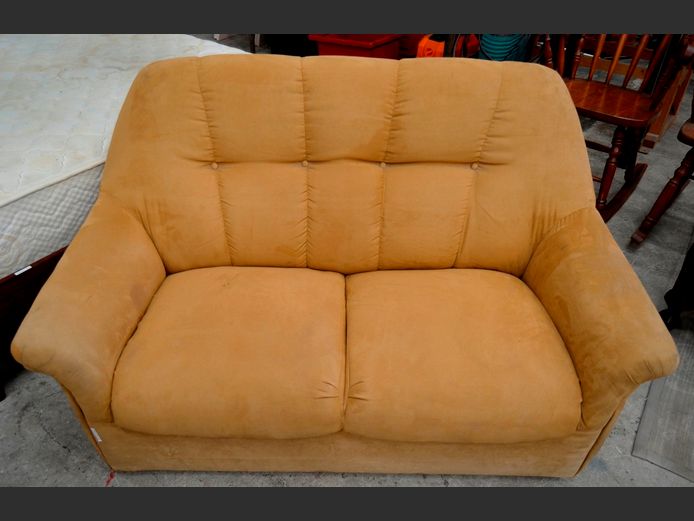 OLD GOLD DRAYLON UPHOLSTERED 2-SEATER COUCH, 143 x 80cm [Cigarette burn to 1 seat, needs a clean]
