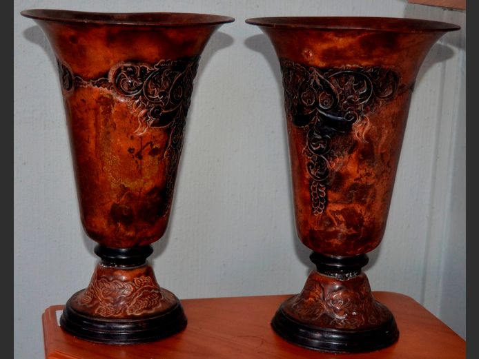 PAIR BEATEN METAL VASES, 21cm Diameter x 32cm High