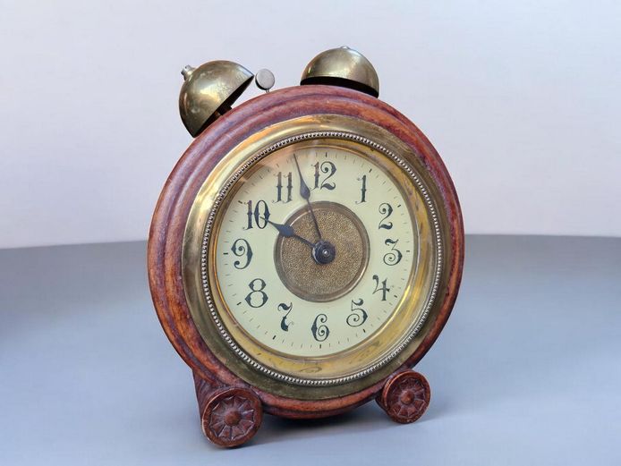 Classic Wooden Carved Twin Brass Bell Alarm Clock