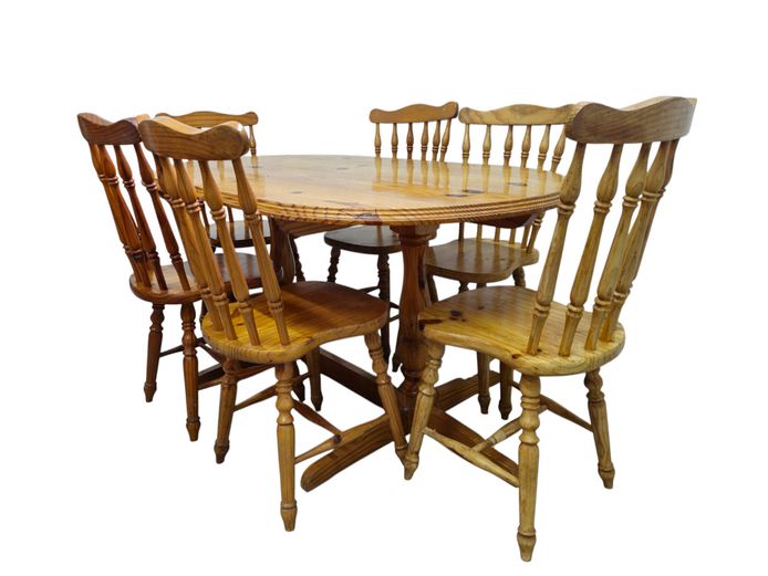 Vintage Pine Wood Oval Dining Table and Chairs Set