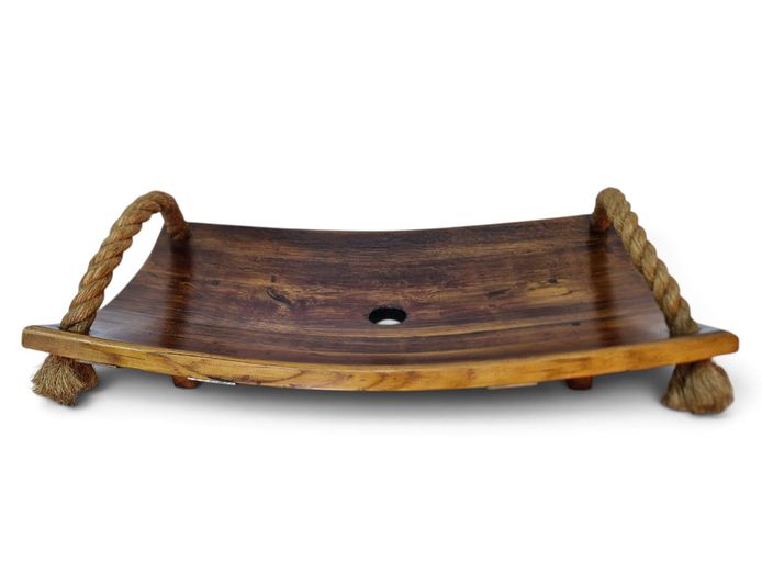 Handcrafted Reclaimed Oak Wine Barrel Stave Serving Platter with Nautical Rope Handles
