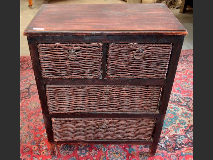 STAINED PINE 2-OVER-2 WICKER DRAWER CHEST OF DRAWERS, 64 x 36 x 80cm