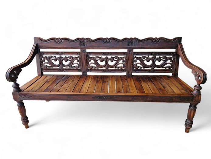 Carved Colonial Wooden Bench with Foliate Panels