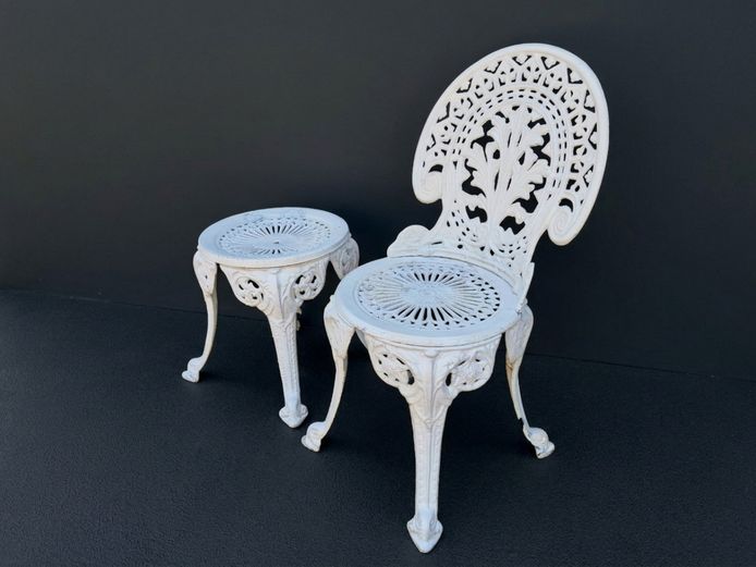 Victorian Heavy Cast Iron Garden Chair & Stool/Side Table
