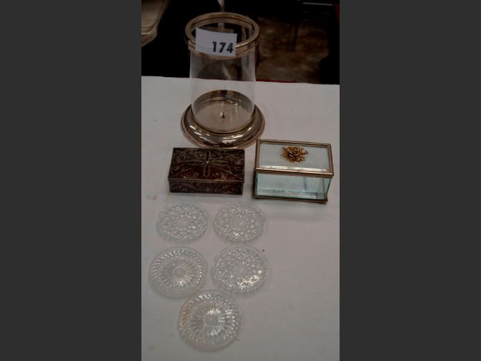 CHROME & GLASS CANDLE STAND, METAL & GLASS JEWELLERY BOXES, etc