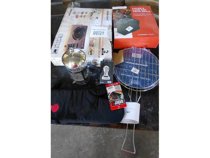 LOT OF BRAAI COVER/ SILVER CREST ELECTRIC COOKER/ COFFEE PRESS/ ROUND BBQ GRILLER