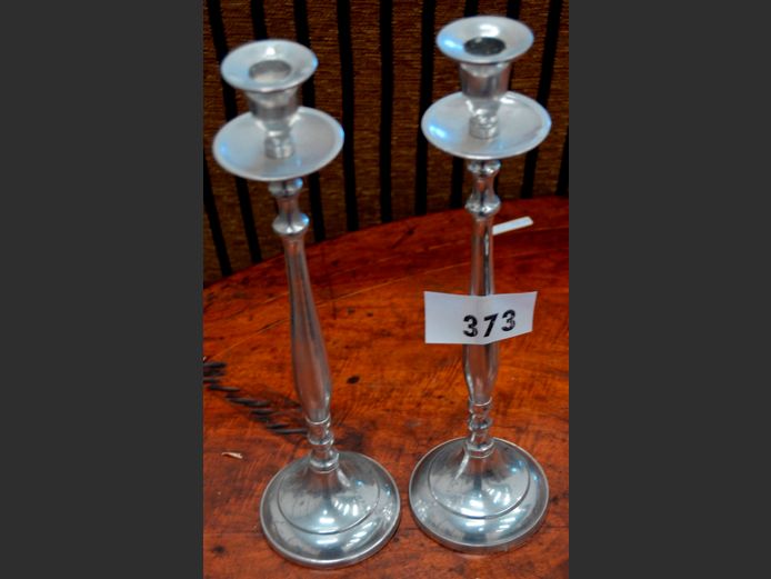 PAIR ALUMINIUM CANDLESTICKS, 37cm High