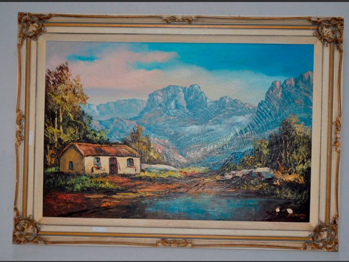 FRAMED OIL ON CANVAS "FARM COTTAGES" SIGNED N. COESTZE, 89.5 x 59cm [In need of restoration]