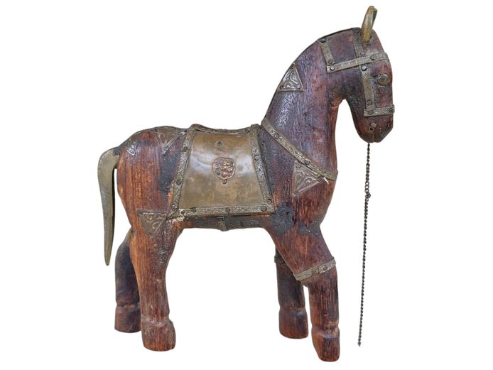 Vintage Wooden Carved Horse Figurine with Brass Accents