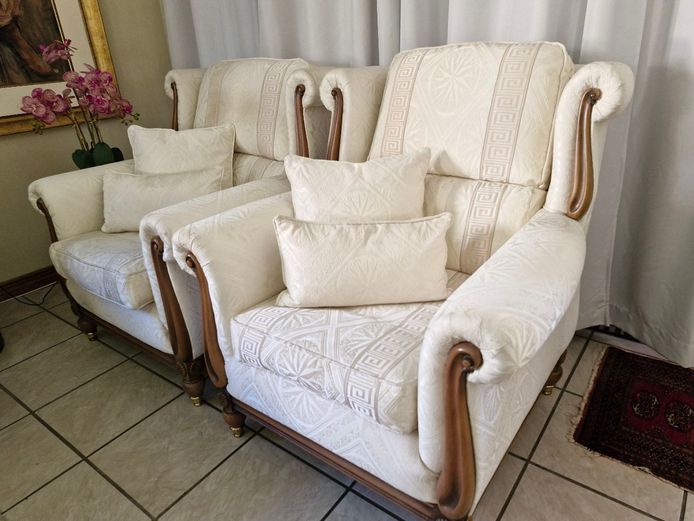 Pair of Vintage Armchairs with Lobed Baluster Brass Legs