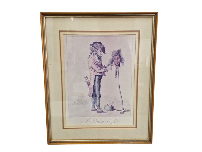 Framed Vintage Satirical Etching / Print "Mr. Poudret, Coiffeur"