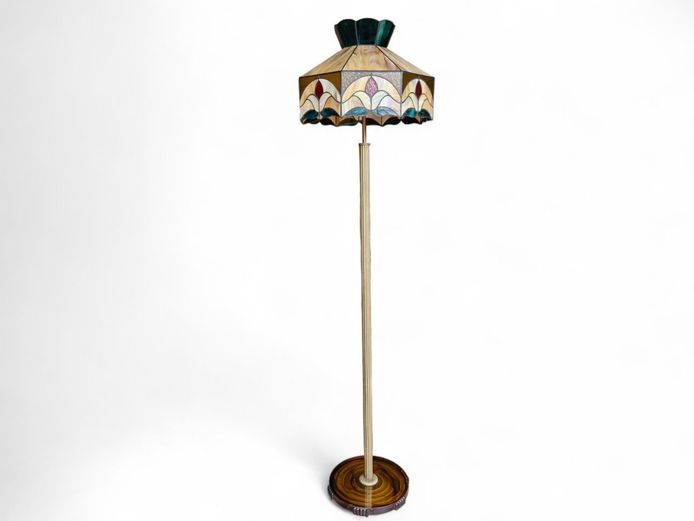 Art Deco Amber Glass & Brass Floor Lamp & Tiffany-Style Shade