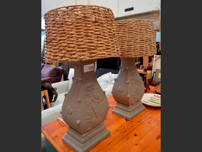 PAIR GREY PAINTED CERAMIC TABLE LAMPS WITH WOVEN SEAGRASS SHADES, 69cm High