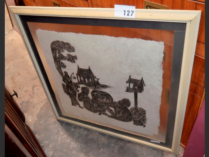 FRAMED CHINESE CHARCOAL ON HAND MADE PAPER, 54 x 52cm