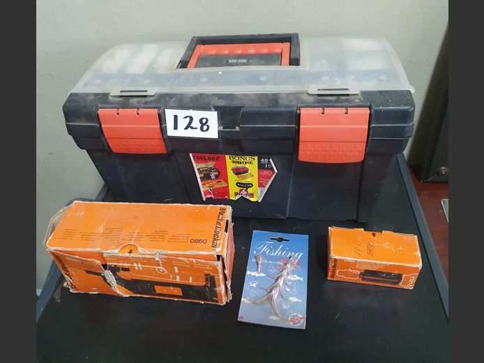 LOT: BIG JIM TOOLBOX, BLACK & DECKER ROTARY HAMMER DRILL ATTACHMENT, etc