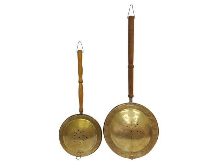 Antique Brass Bed Warming Pans with Turned Wooden Handles