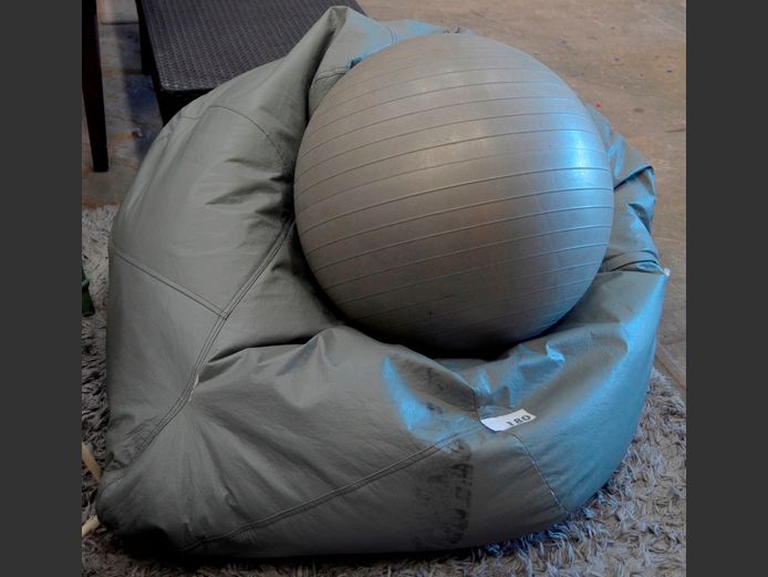 GREY POUFFE & AN EXERCISE BALL