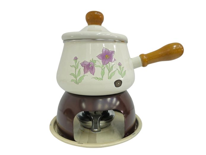 Vintage Floral Enamel Fondue Pot with Stand