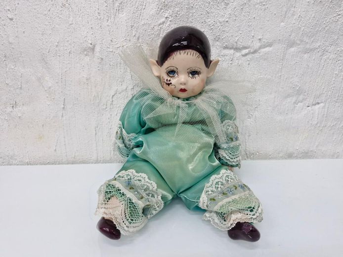 Vintage 1980s Porcelain Head Sitting Pixie Elf Clown Doll in Teal Satin Suit